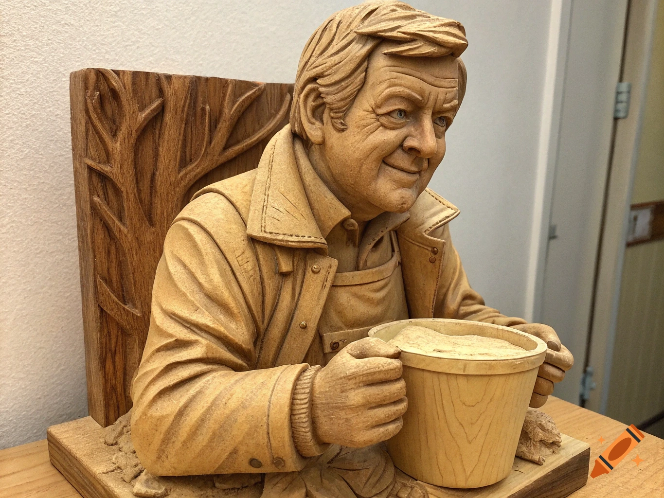 Wooden carving of a man holding a pot, with a carved tree behind him.