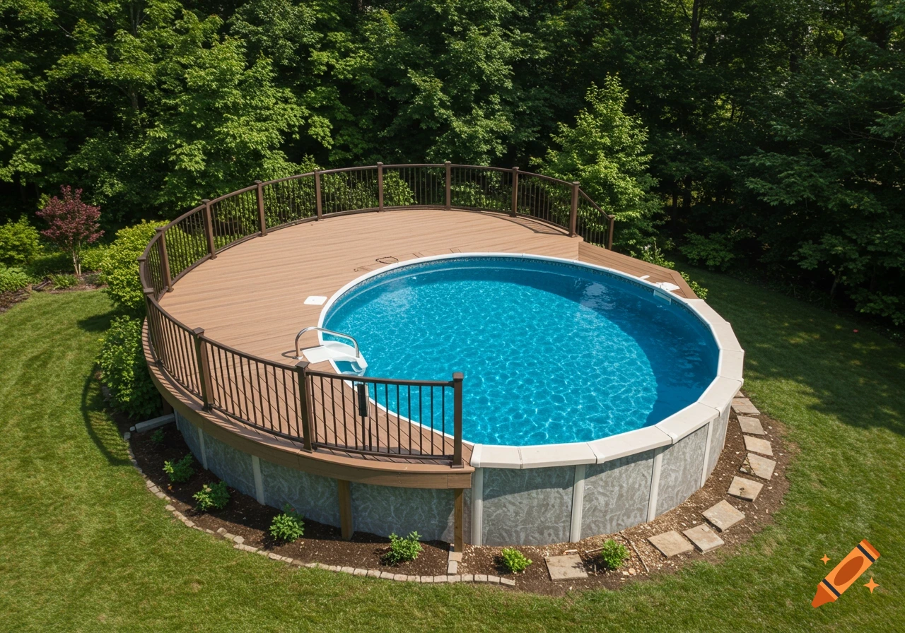 Aerial view of an above-ground pool with a wood deck and railing in a backyard.