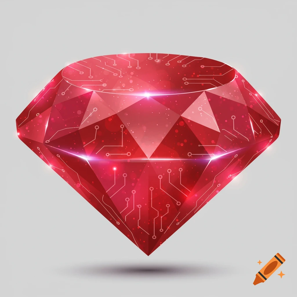 A red ruby gemstone with circuit patterns etched into its facets