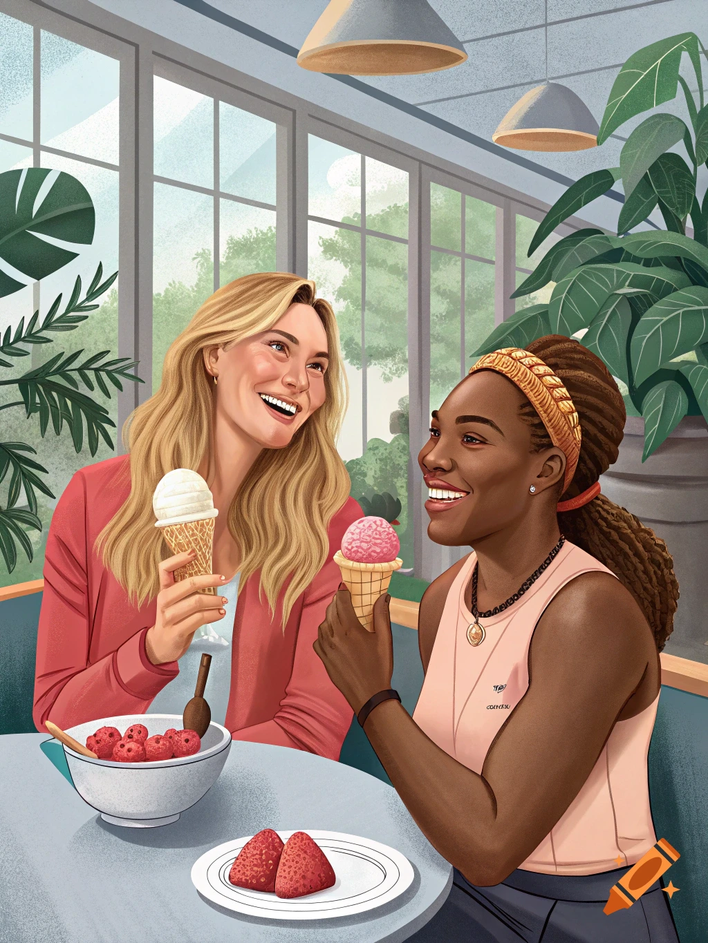 Two women eat ice cream in a sunny cafe with plants.
