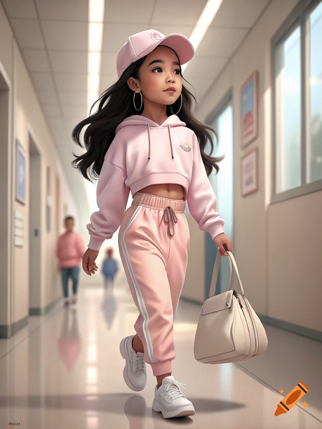 Stylish animated girl in a pink outfit walks in a hallway
