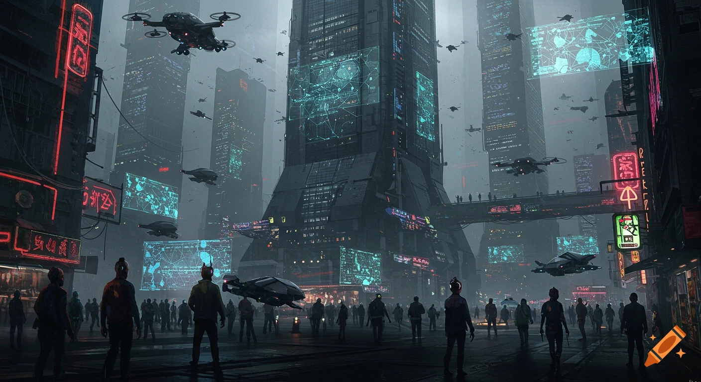 Futuristic cyberpunk city street scene with tall buildings, neon signs, flying vehicles, and people.