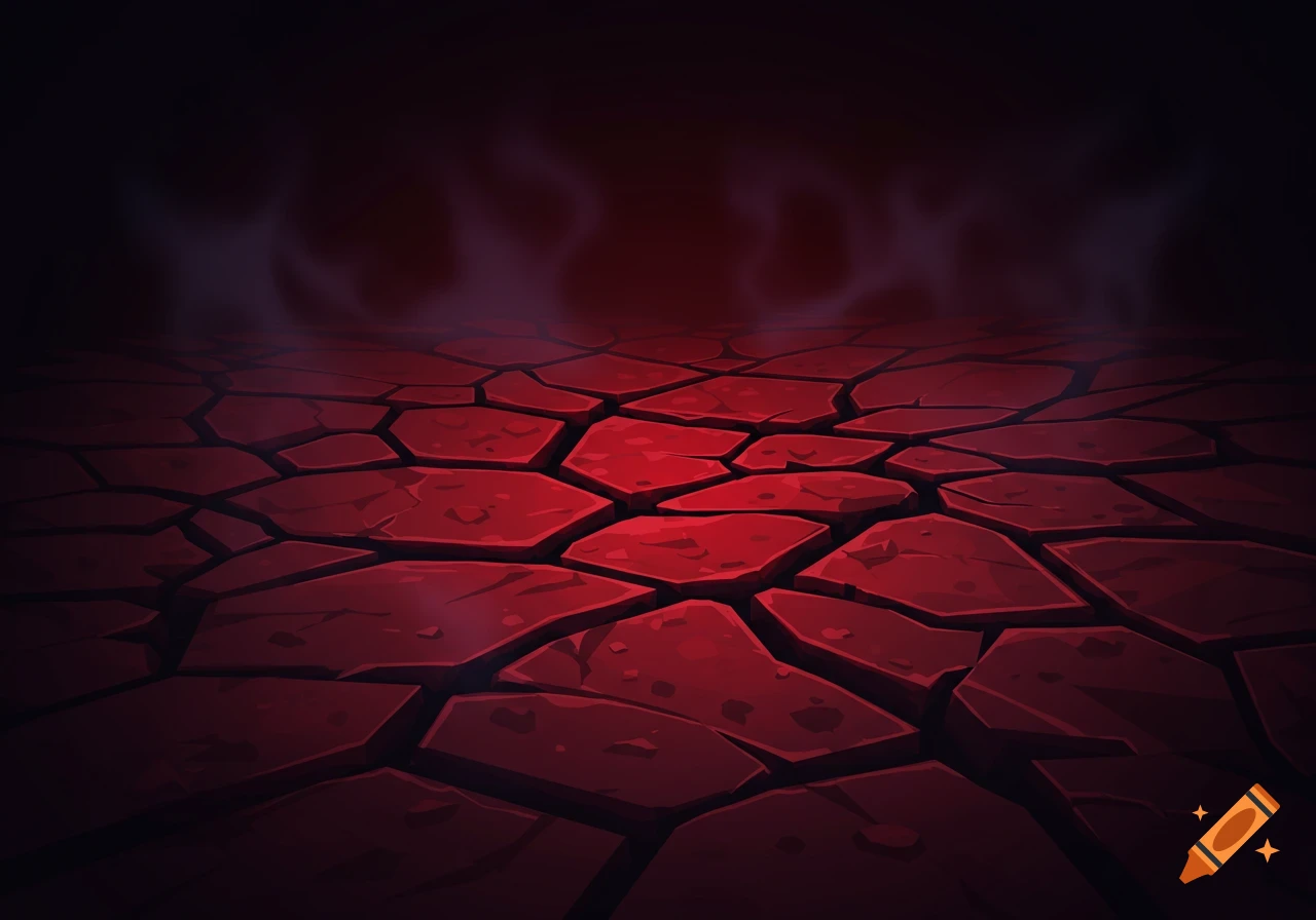 Stylized cracked red ground with dark atmosphere and smoky effects.