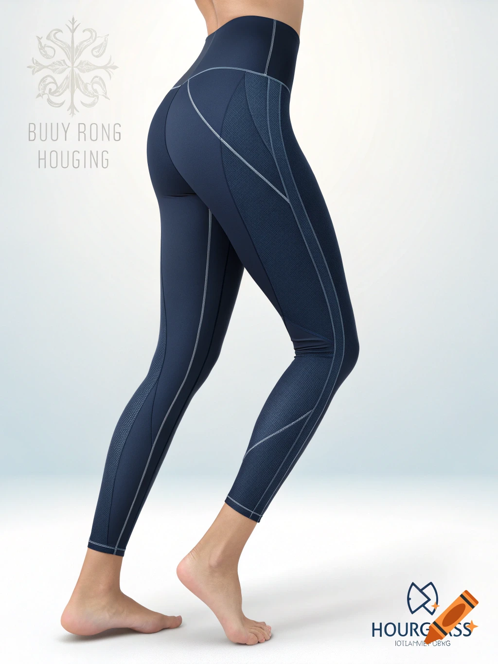 Close-up of a person's legs and lower body wearing dark blue athletic leggings with stitching details.