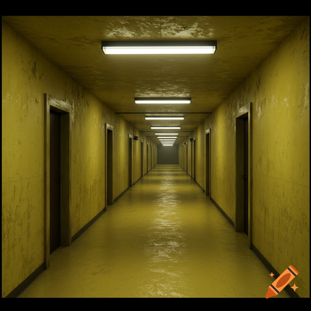 Long eerie yellow corridor receding into darkness, lit by fluorescent lights