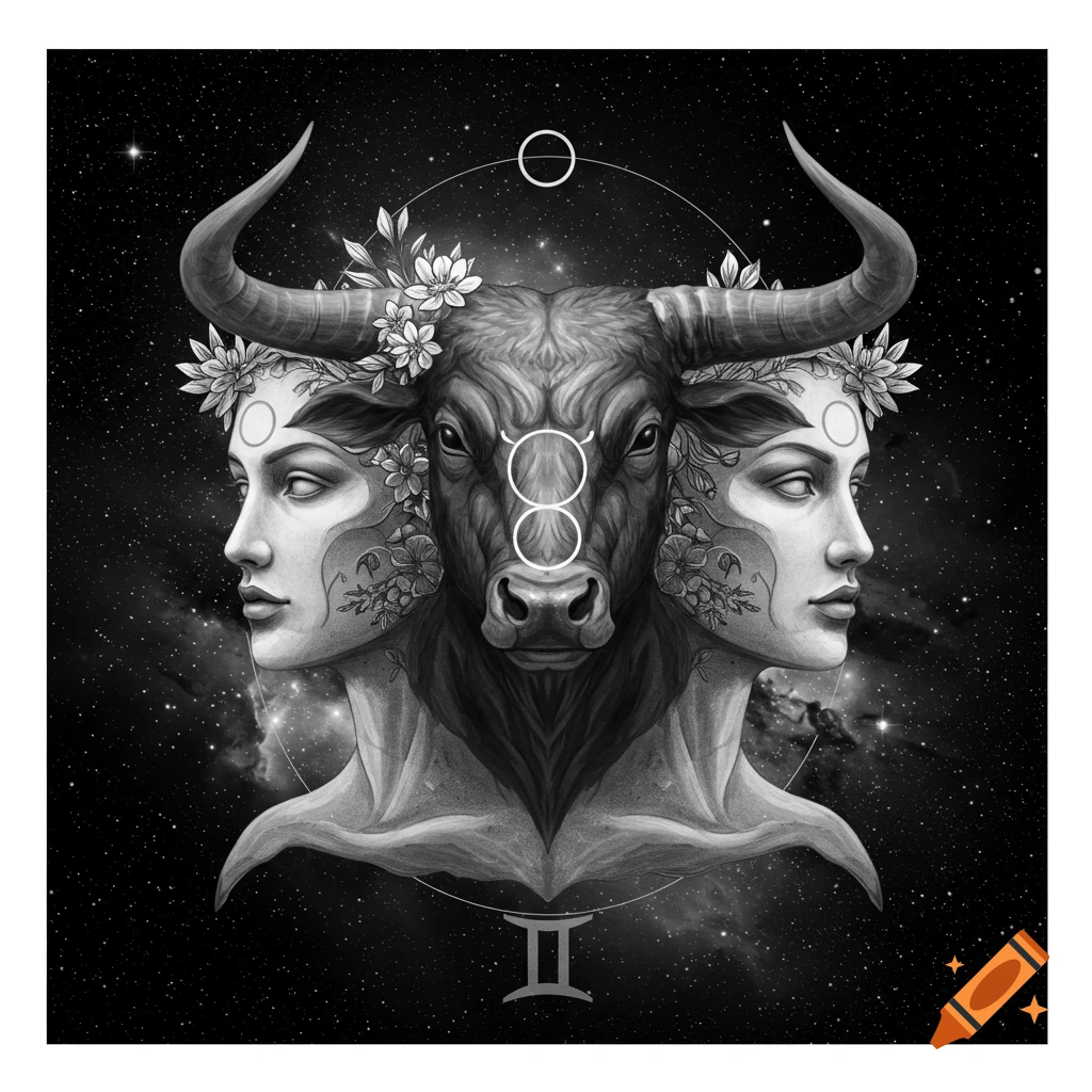 Black and white illustration of a bull head merging with two human faces, with zodiac symbols and a starry space background