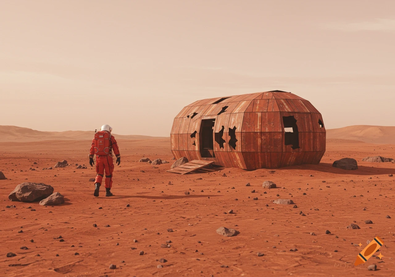 An astronaut walks toward a ruined habitat on the surface of Mars.