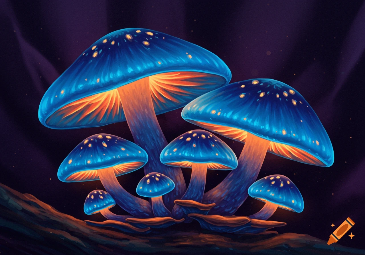 Glowing blue mushrooms with orange undersides and yellow dots on a log in a dark, magical setting.