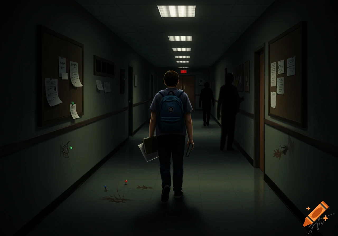 Student walks down dark school hallway away from shadowy figures toward a distant light, dramatic lighting.