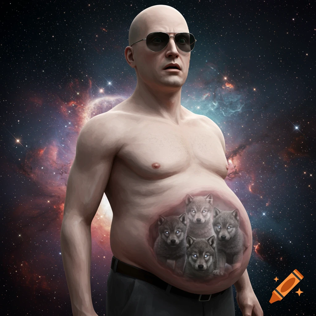 Bald man in sunglasses with a pregnant belly showing wolf pups inside, against a space background.