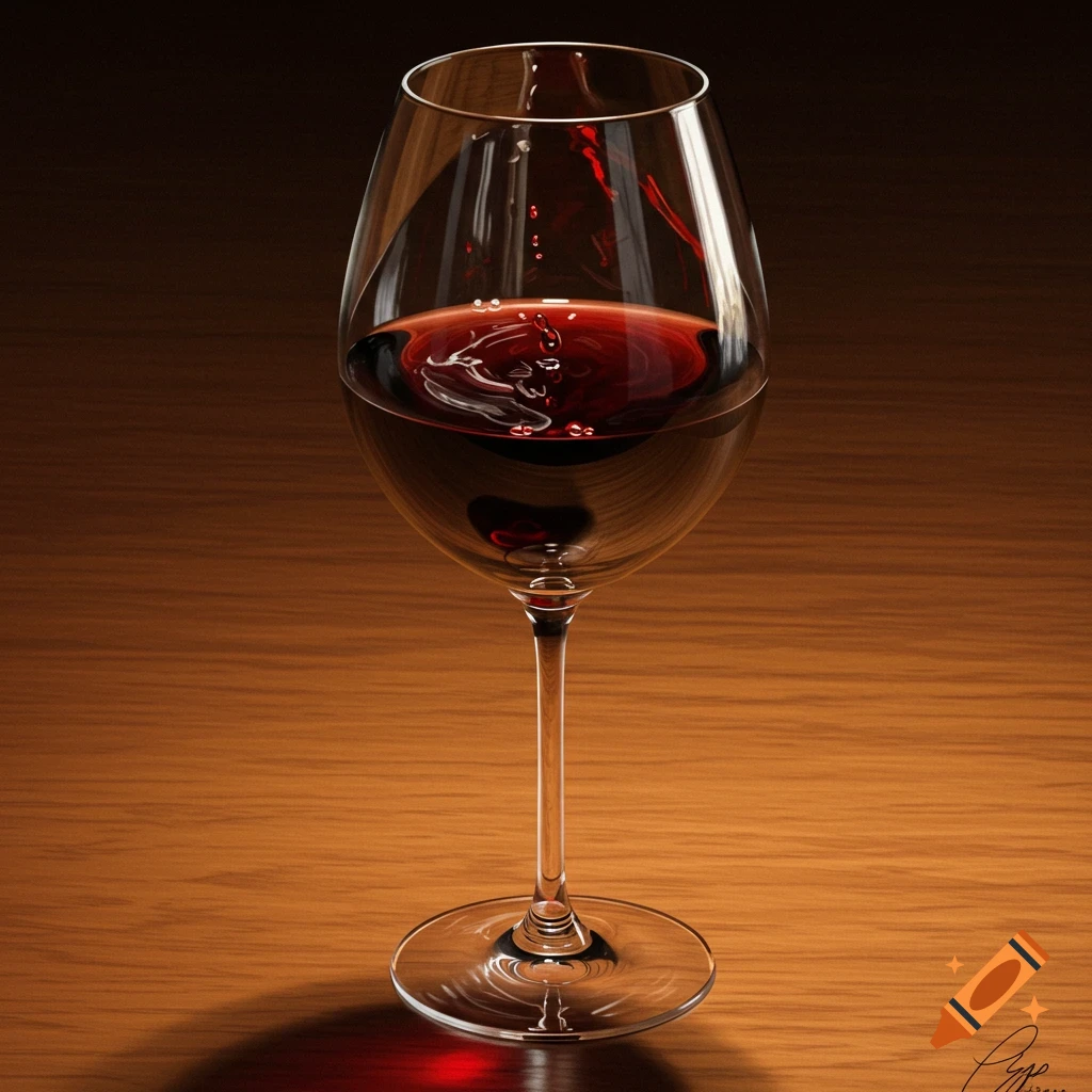 A wine glass filled with red wine sits on a wooden table.