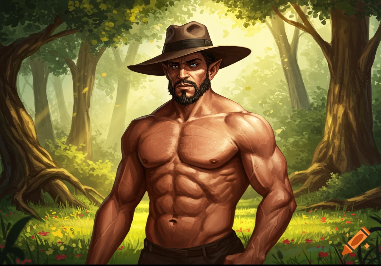 A muscular man with pointed ears and a fedora stands in a sunlit jungle clearing. Digital illustration.