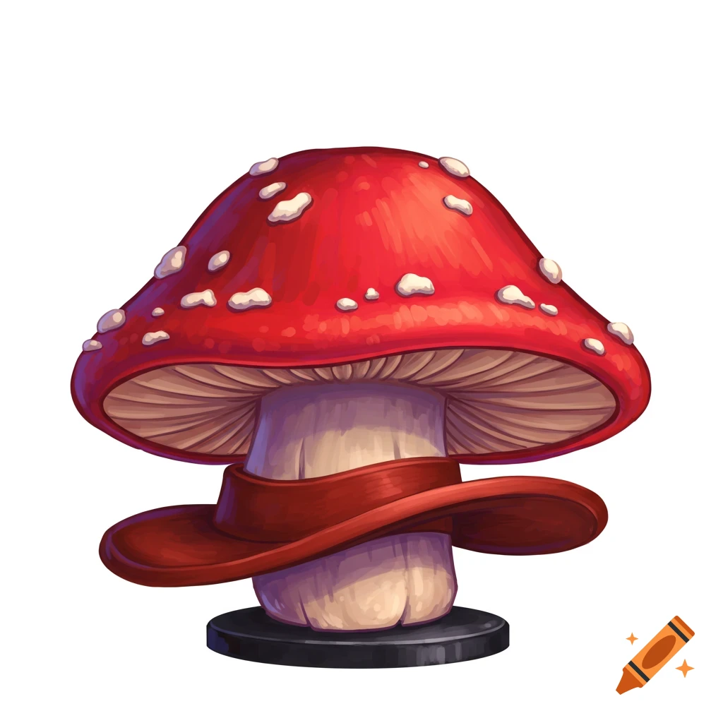 An illustration of a red and white spotted mushroom wearing a red hat.