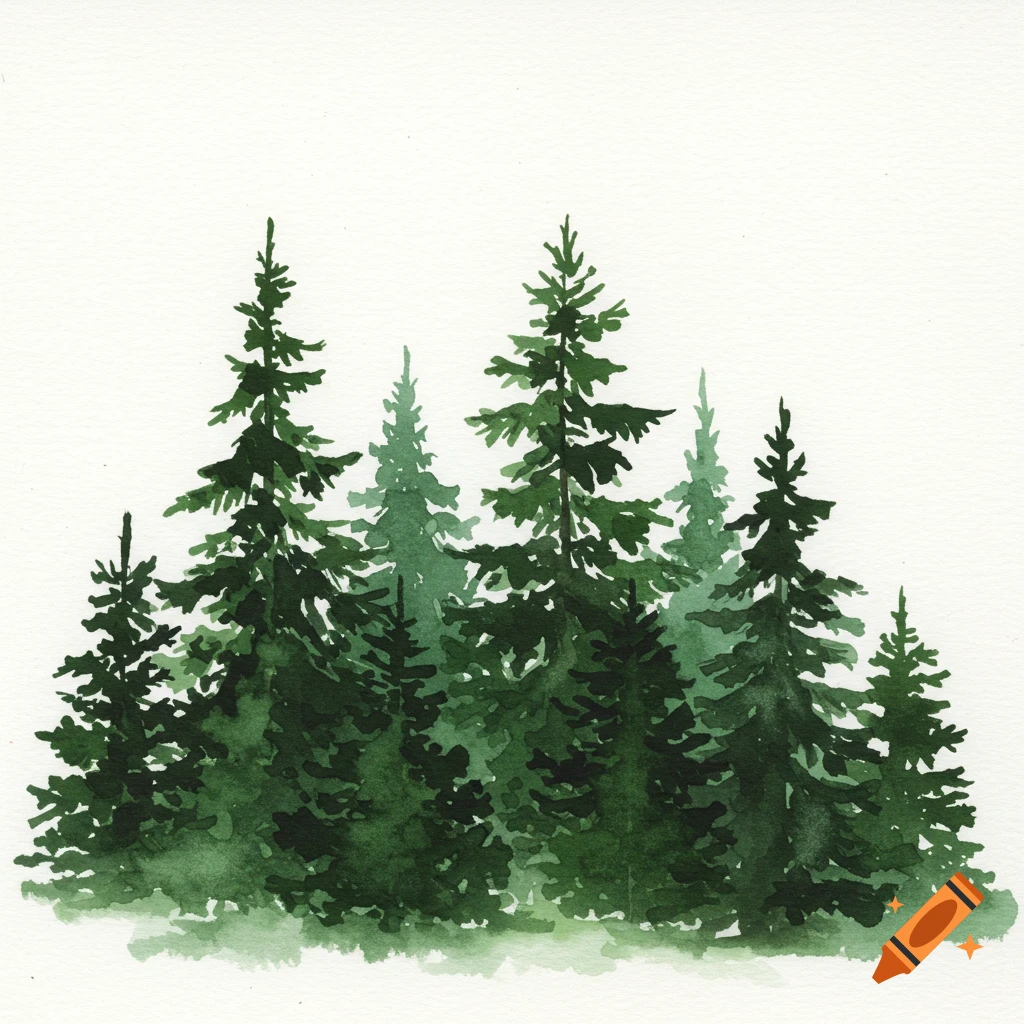 Watercolor painting of green fir trees on a white background