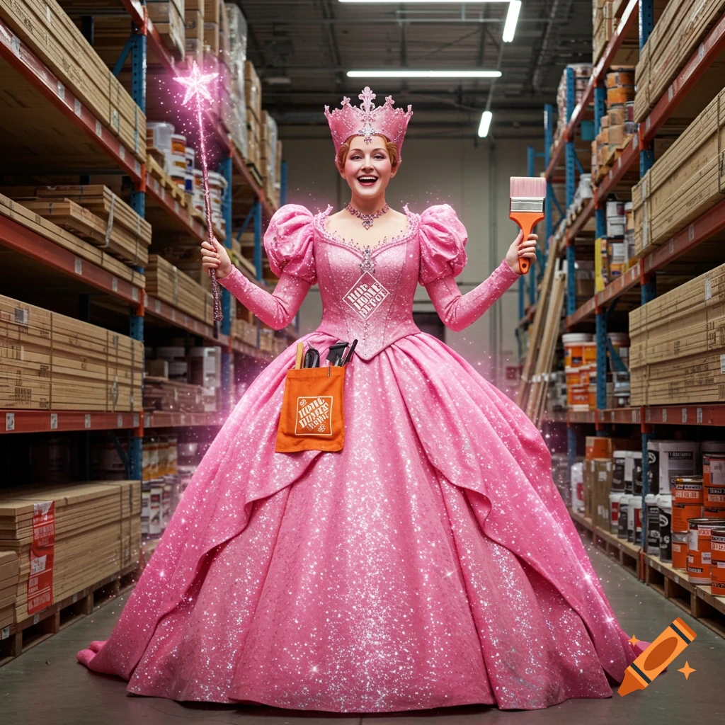 Woman dressed as Glinda from Wicked in a Home Depot aisle, holding a wand and paintbrush.