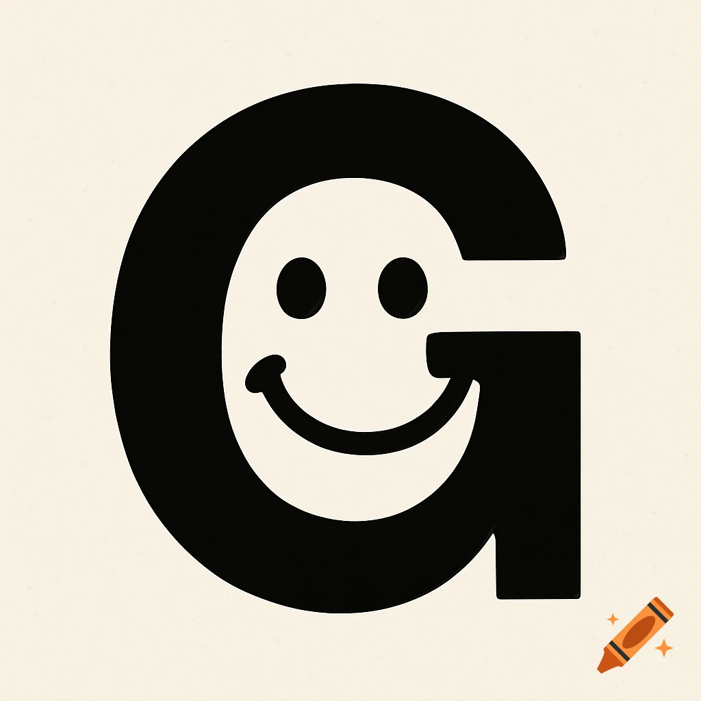Black letter G with a smiley face inside on an off-white background.