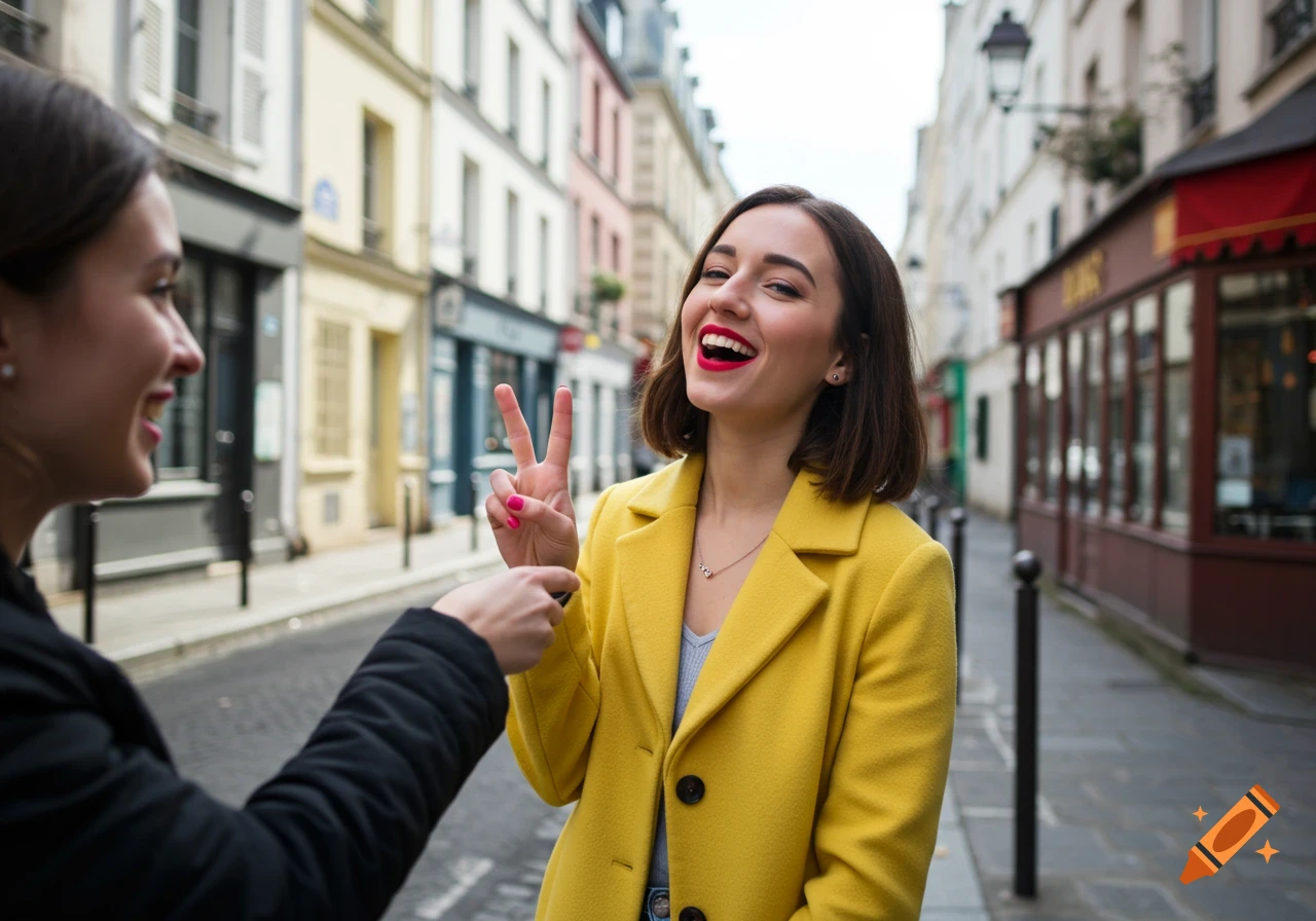 Two women on a Paris street, one in a yellow coat giving a peace sign.
