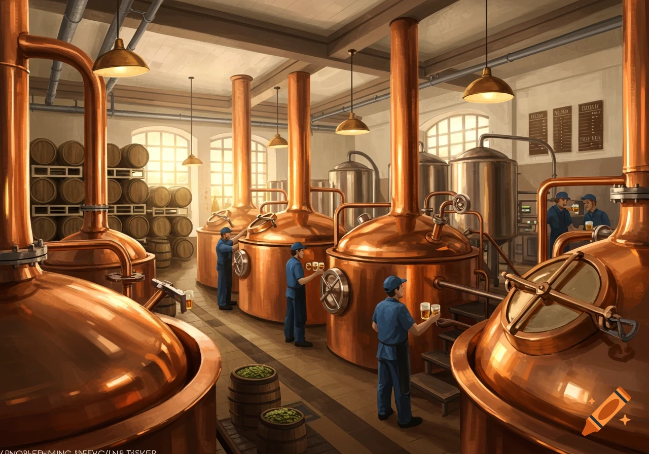 Illustration of a brewery interior with large copper tanks, barrels, and workers tending to the equipment.