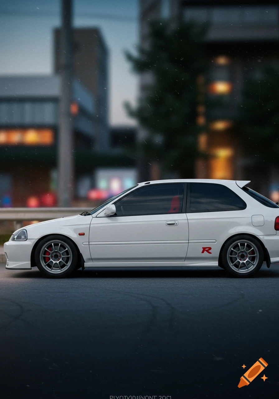 A white Honda Civic EK9 Type R hatchback is parked on a street at dusk with a blurred city background.