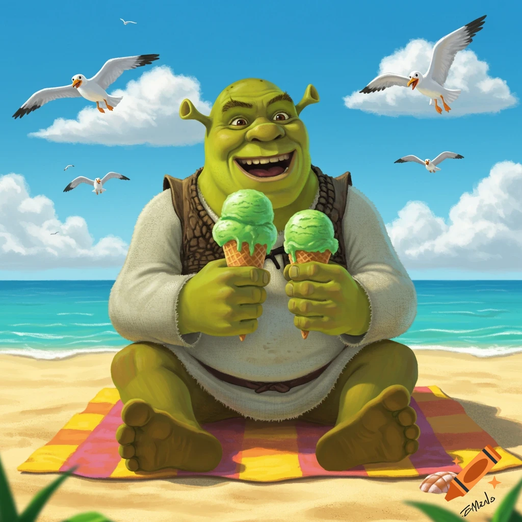 Shrek sits on a towel at the beach, holding two green ice cream cones. Seagulls fly above.