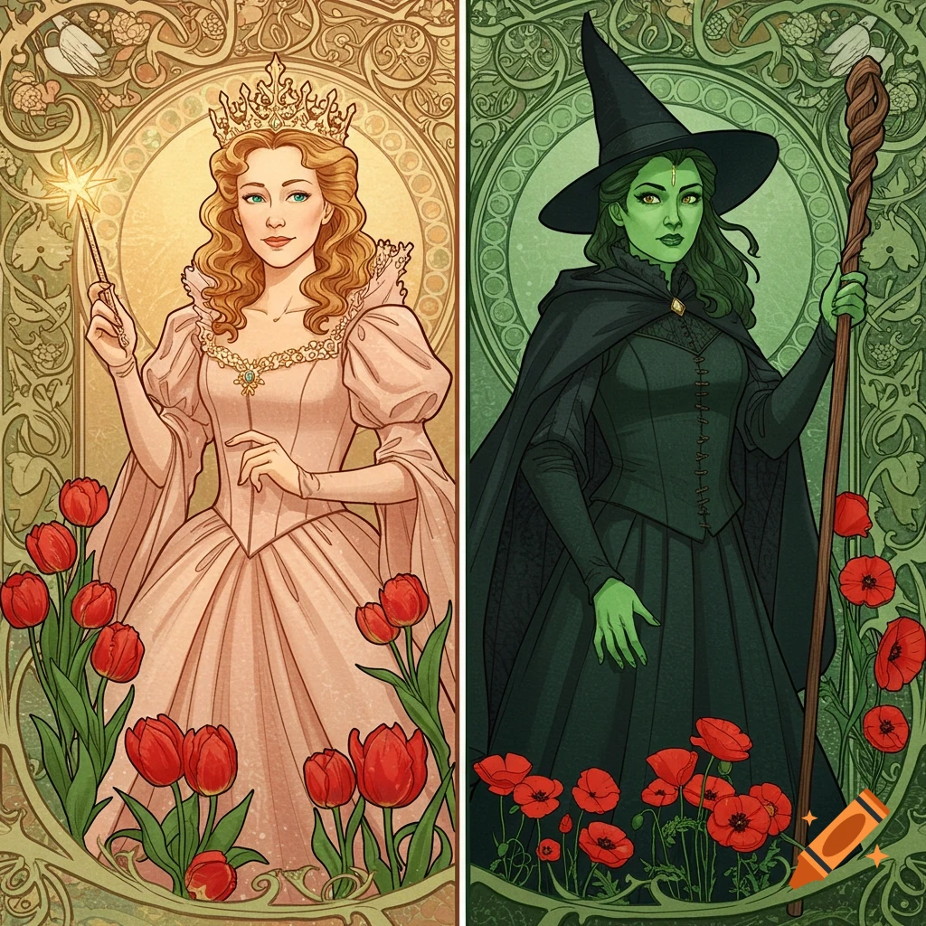 Art Nouveau illustration of Glinda and Elphaba from Wicked in split panels surrounded by flowers.