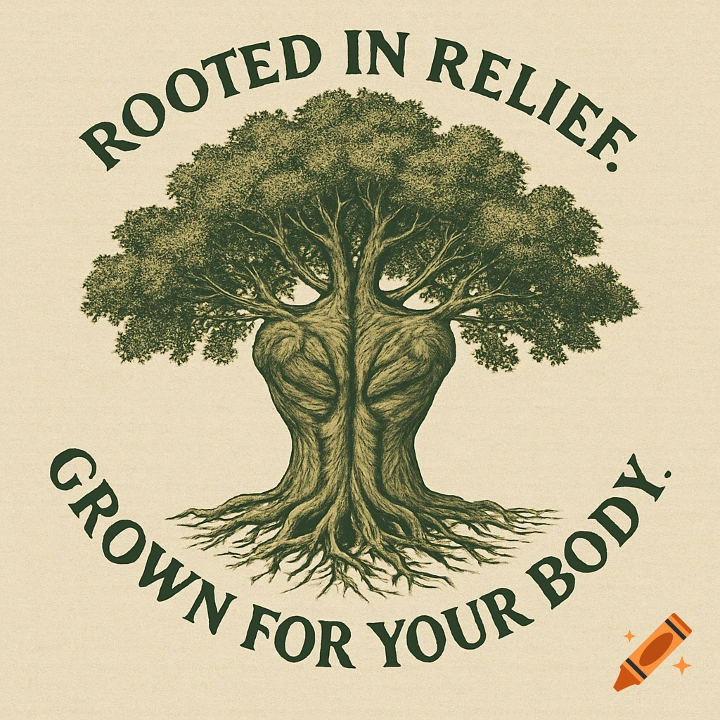 Illustration of a stylized tree with muscle-like bark and roots, encircled by text: Rooted in relief. Grown for your body.