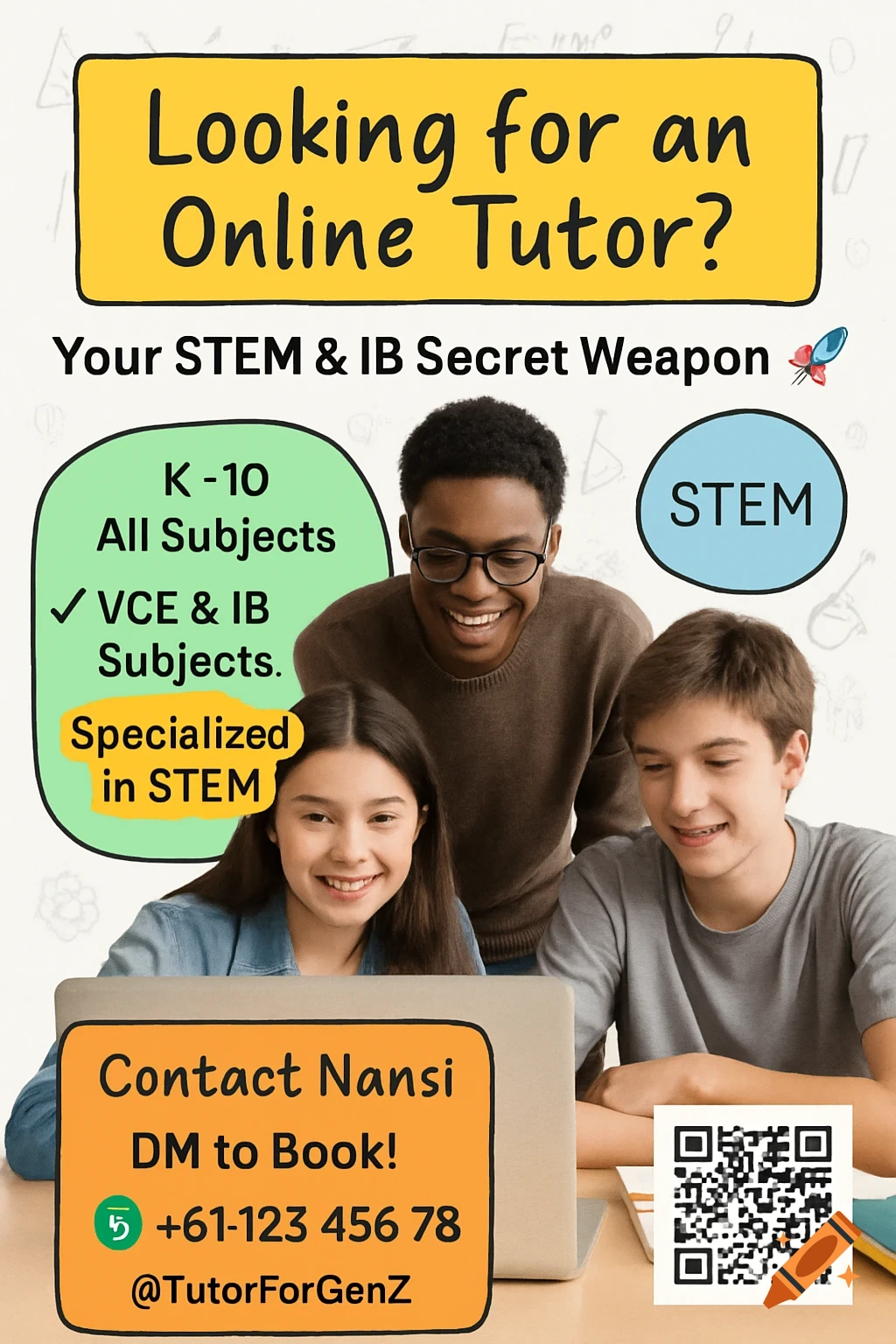 Promotional flyer for online tutoring featuring a tutor and two students.