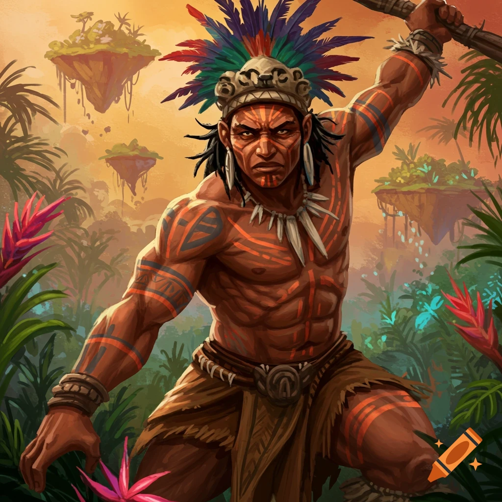 Muscular tribal warrior with face paint and feathers in a jungle with floating islands, digital art.