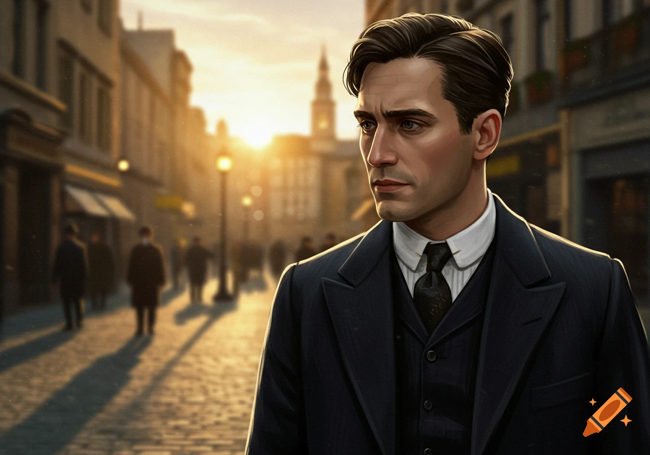 Portrait of a man in a suit on a 1920s-style street bathed in sunlight.