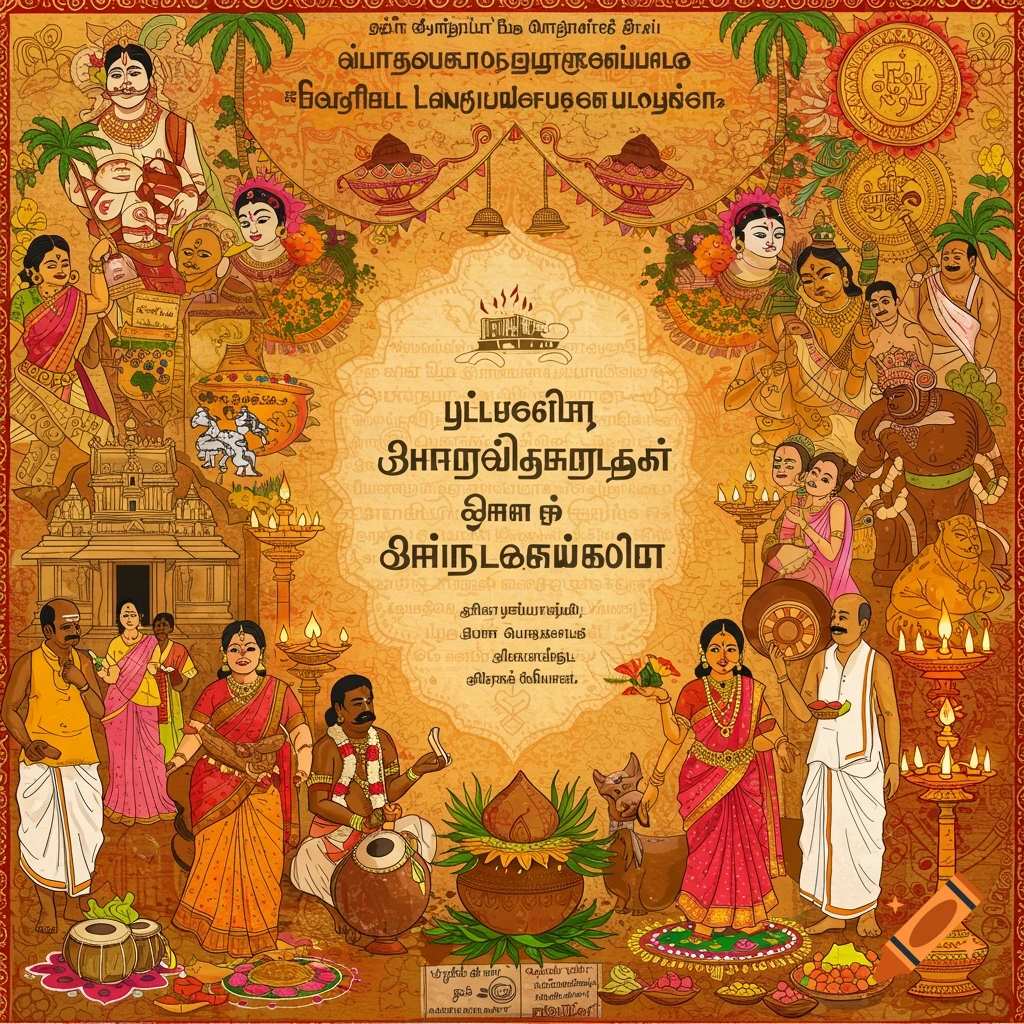 A vibrant illustration in a traditional style depicting a Tamil festival scene with people in traditional clothing, rituals, food, music, and decorative script.