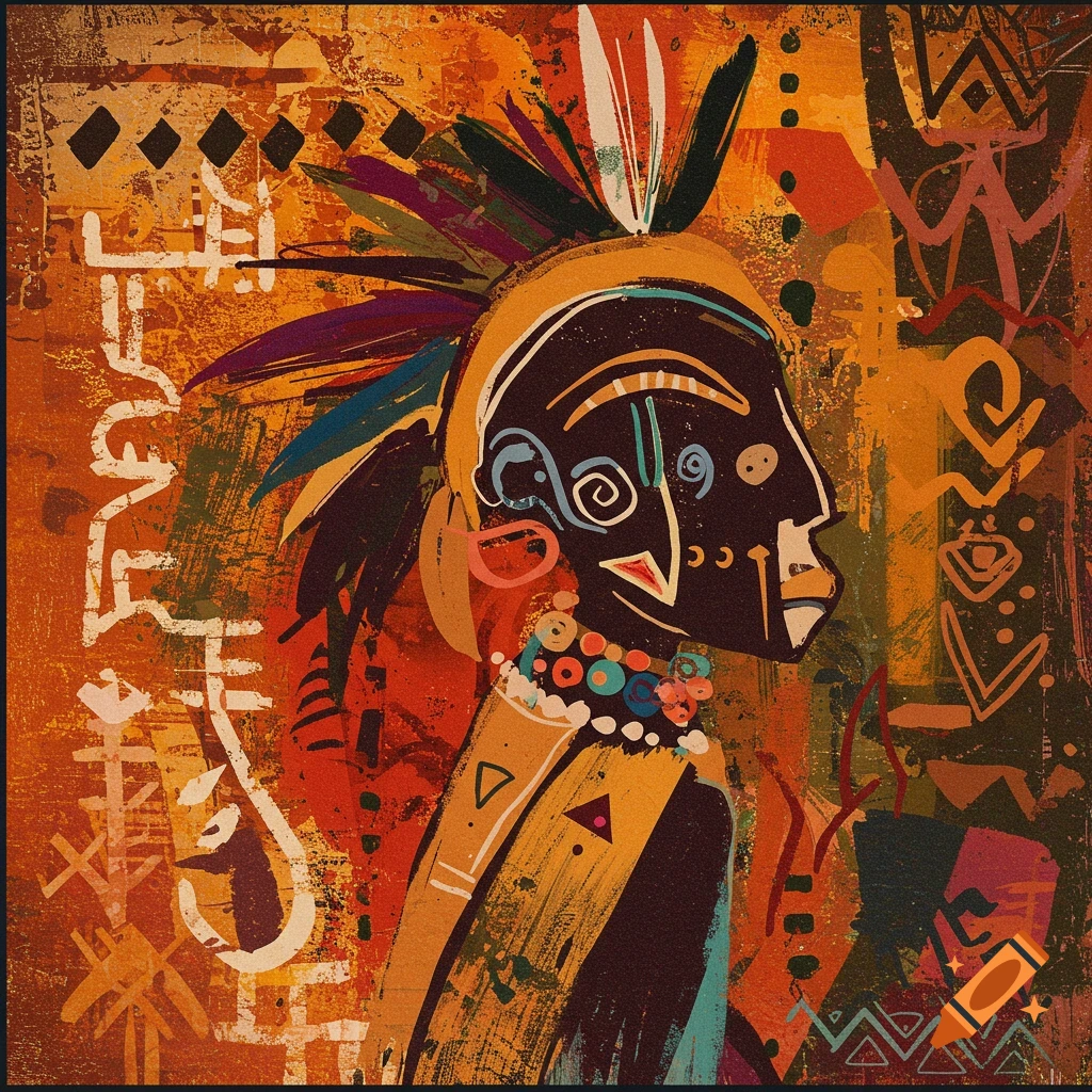 Stylized abstract profile portrait in an African art style, with a headdress, necklace, and background patterns in warm colors.