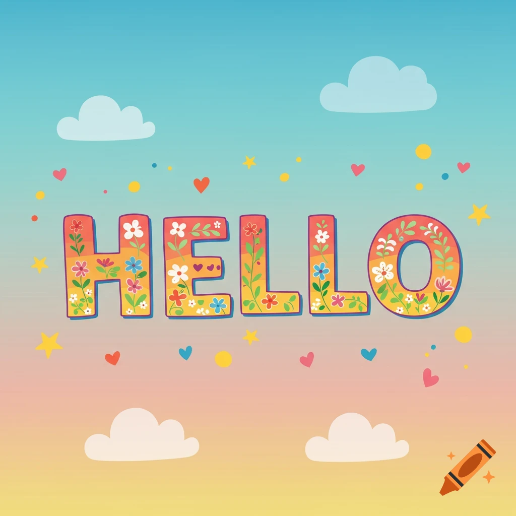 The word HELLO decorated with flowers and hearts floats in a sky with clouds and stars.