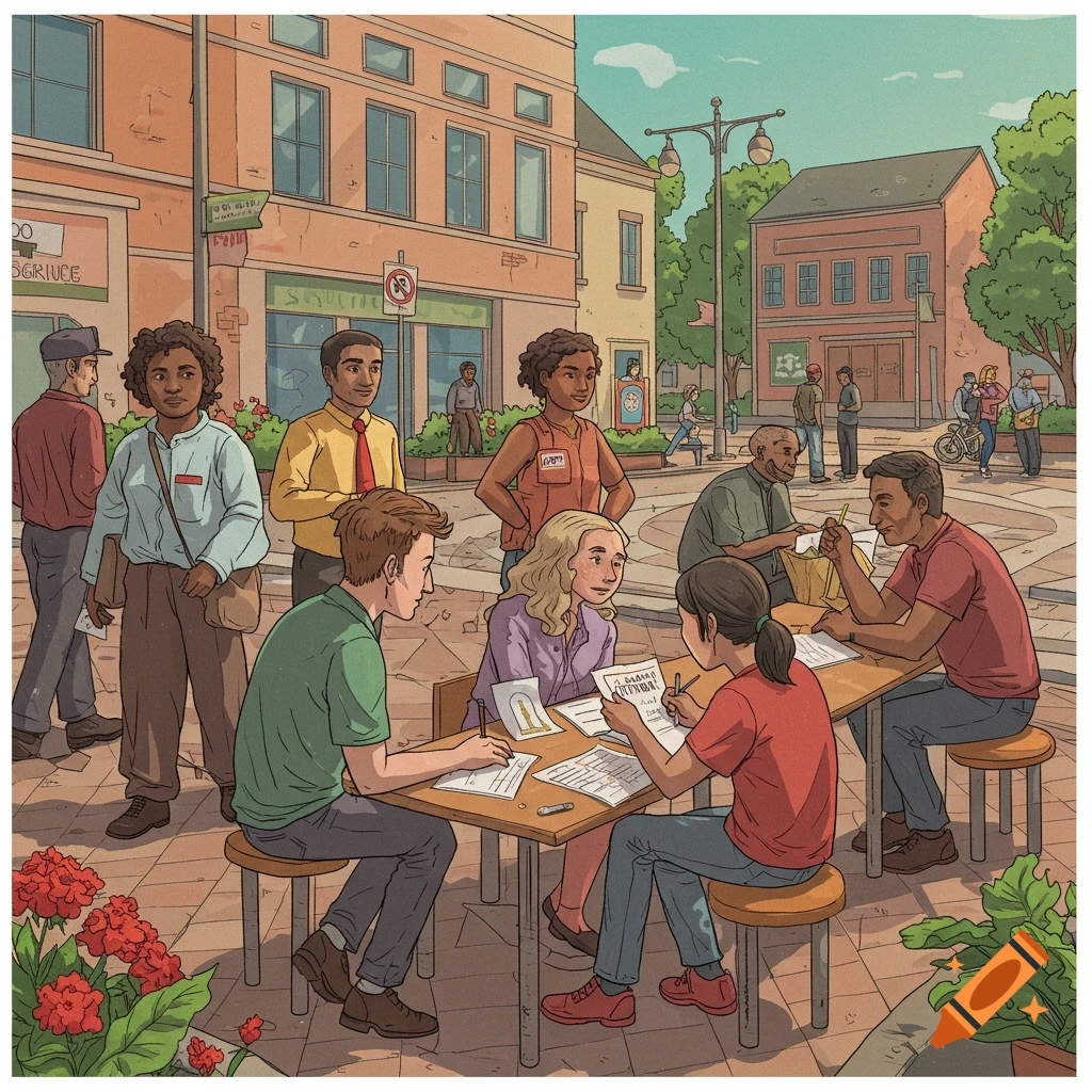Illustration of people signing documents at tables in a town square setting.