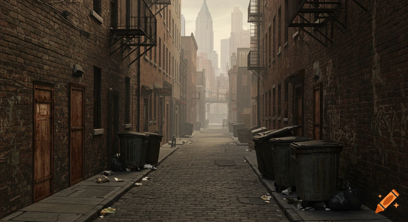 A dark, dirty brick alleyway with trash cans leading towards a hazy city skyline.