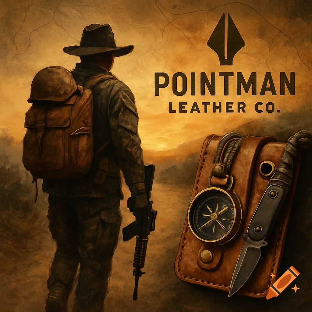 Painterly image of a figure with backpack and rifle, with POINTMAN LEATHER CO logo, compass and knife in holster.