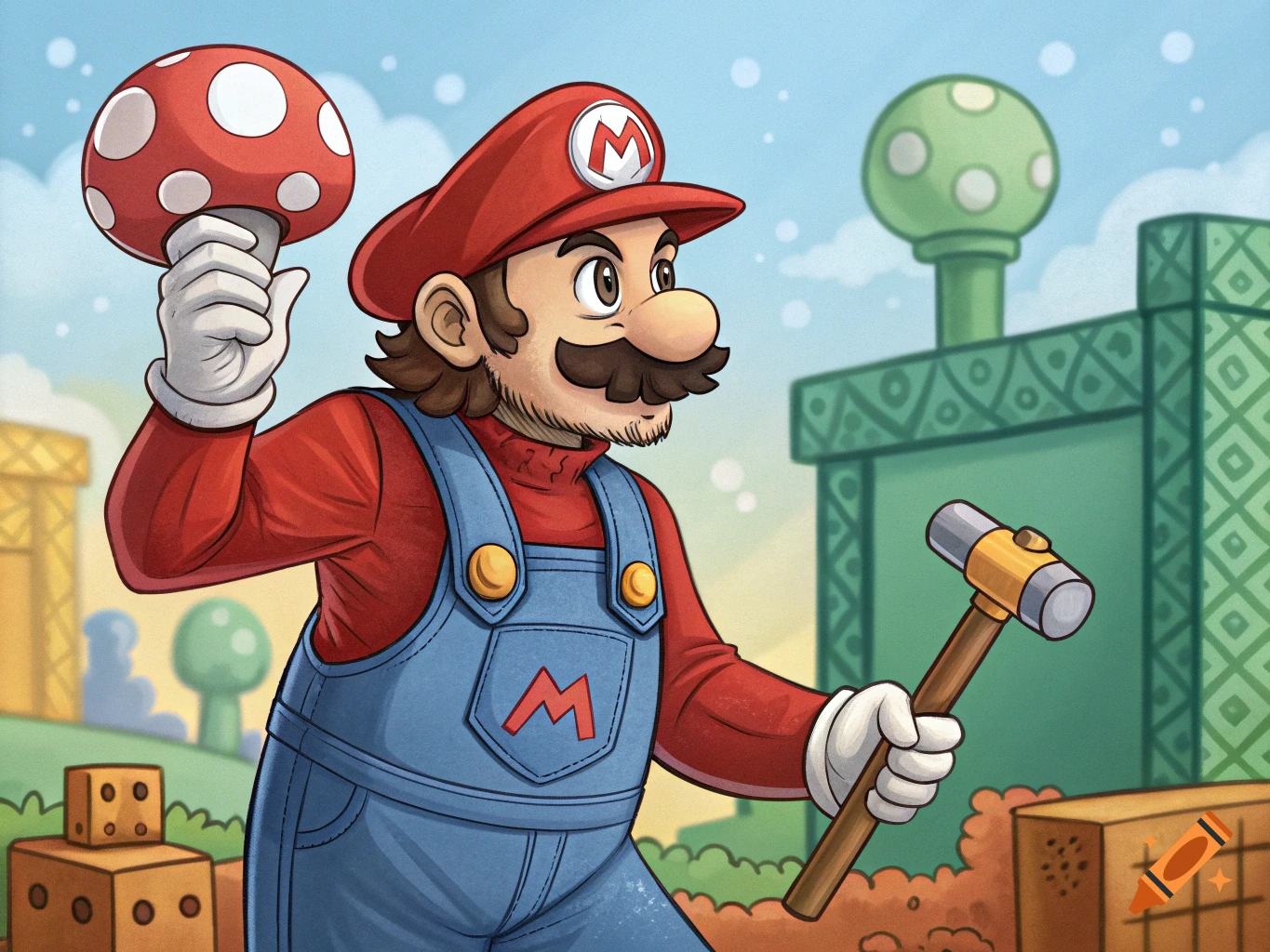 Cartoon drawing of Mario holding a super mushroom and a hammer in a Super Mario Bros. game landscape.