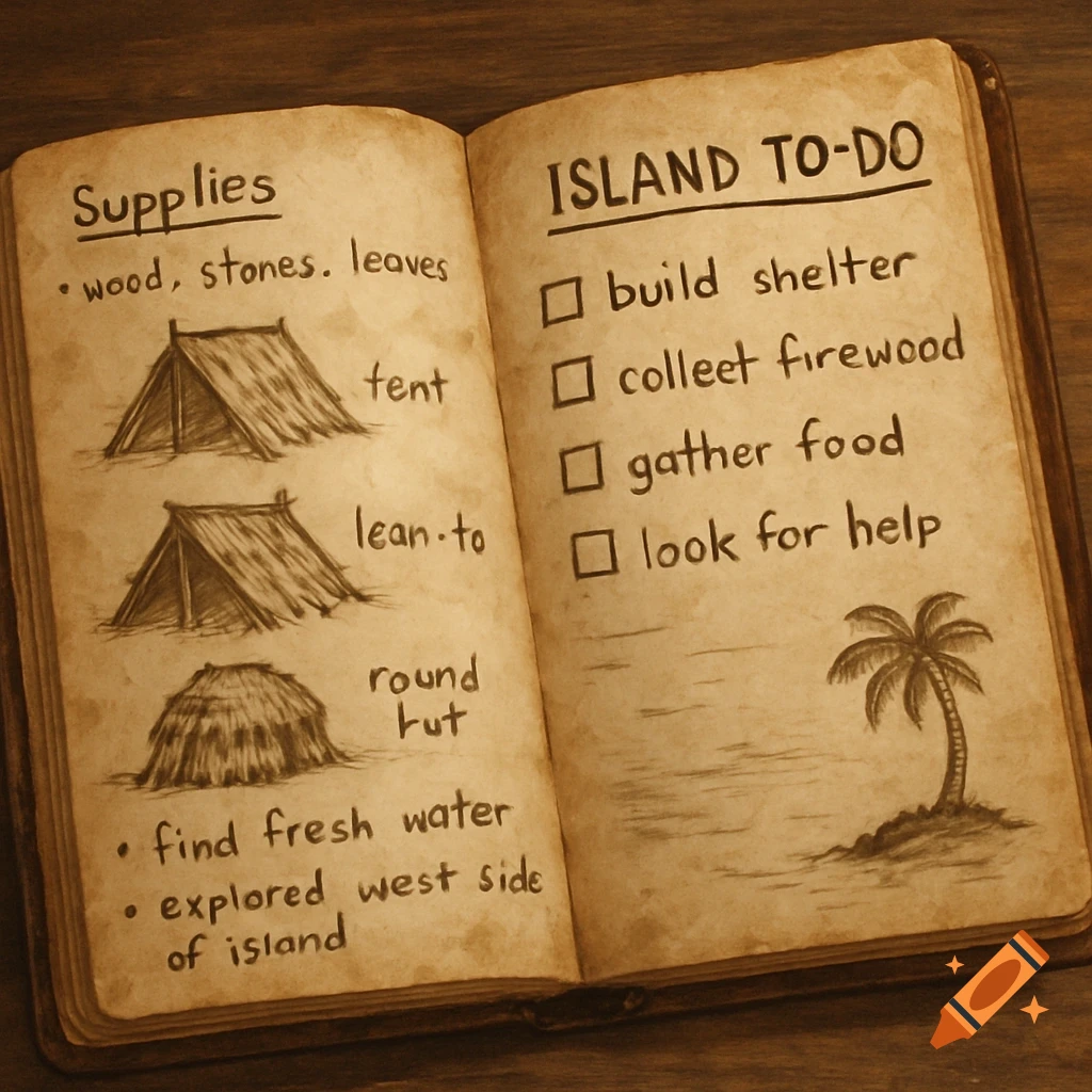 An open journal showing handwritten notes and sketches for island survival, including shelter diagrams and a to-do list.
