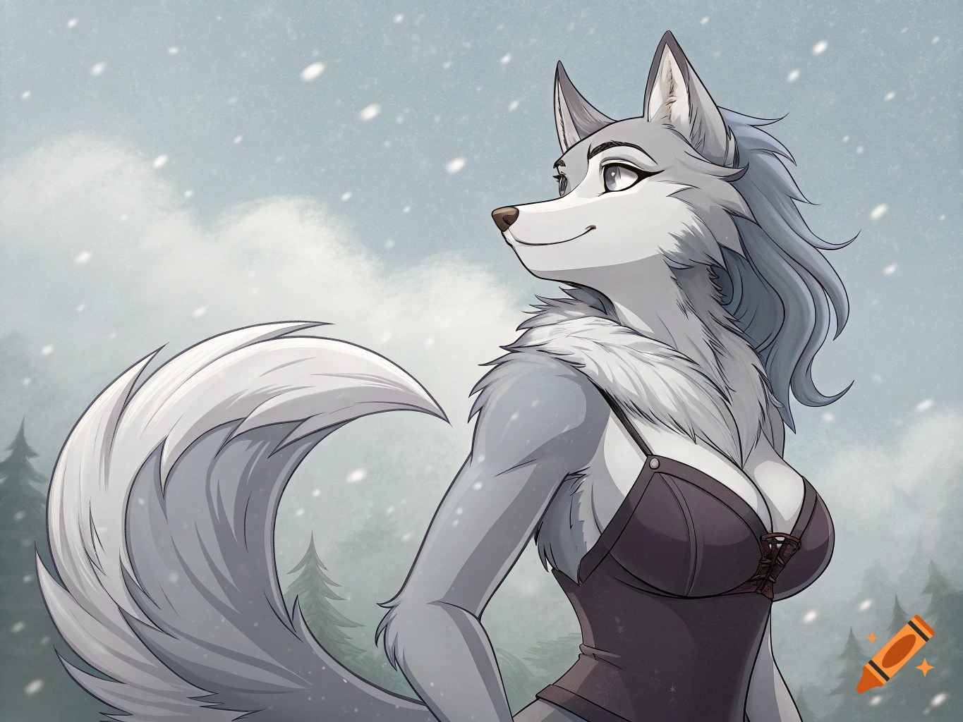 Illustration of a female anthropomorphic wolf in a dark dress in a snowy forest.