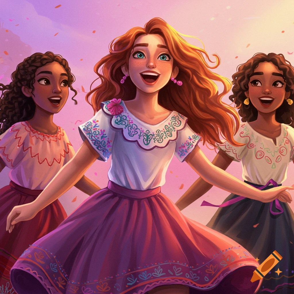 Illustration of three girls in traditional dresses dancing joyfully