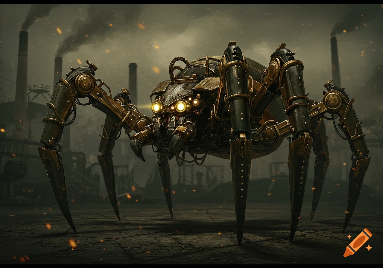 A steampunk spider mech stands in a ruined industrial landscape with smokestacks.