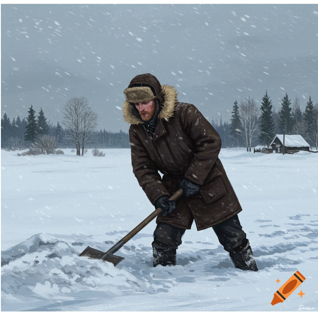 Illustration of a man in a winter coat shoveling snow in a snowy rural landscape.