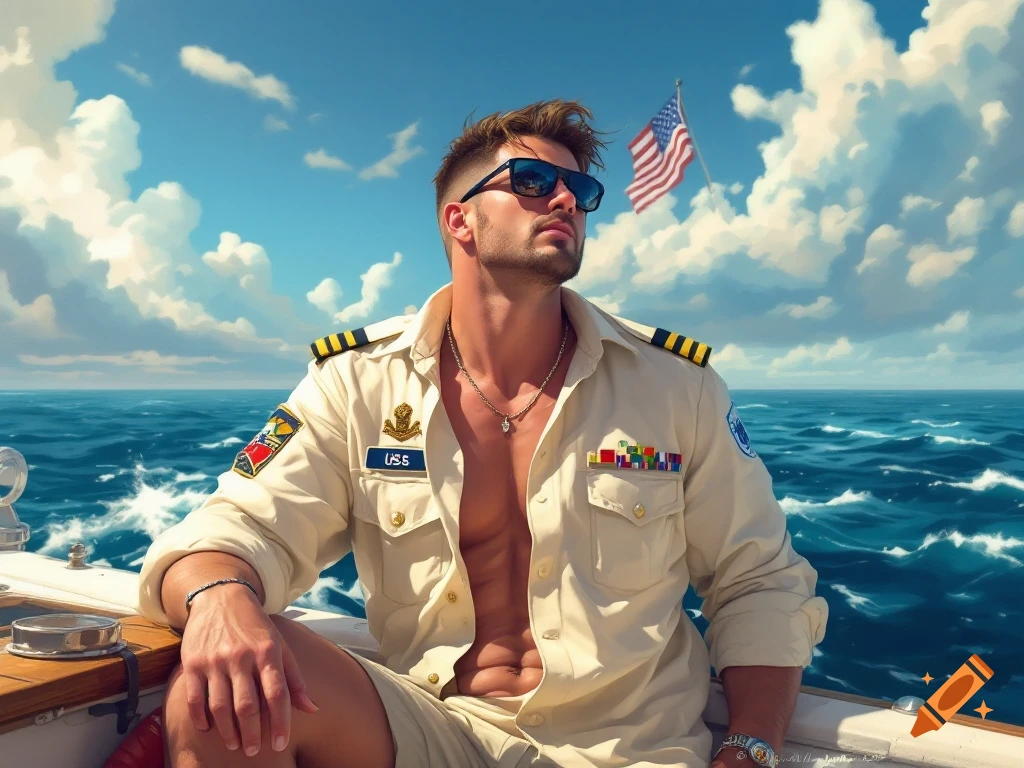 A man in a white uniform on a boat with the American flag in the background.