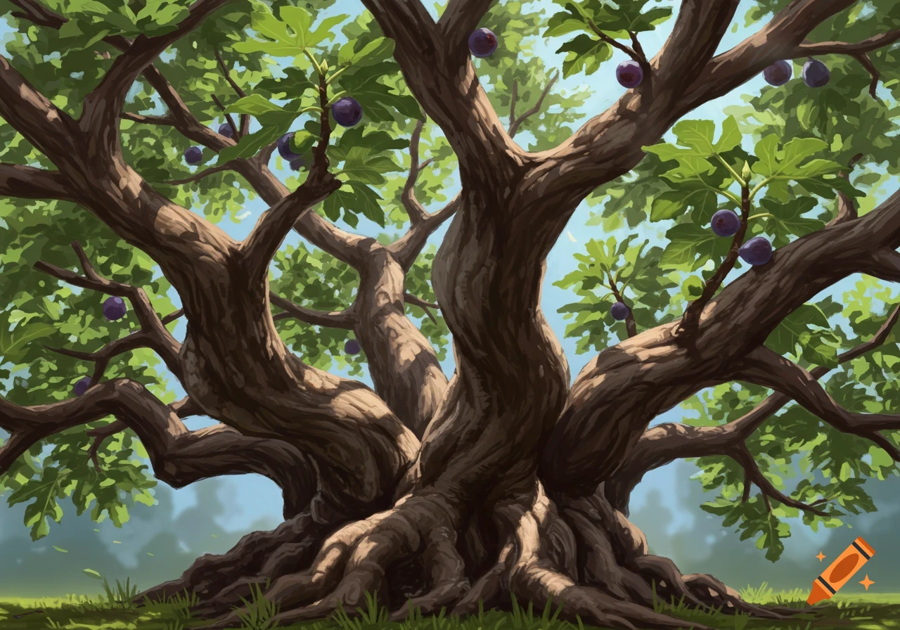 Detailed illustration of a large fig tree with ripe figs.