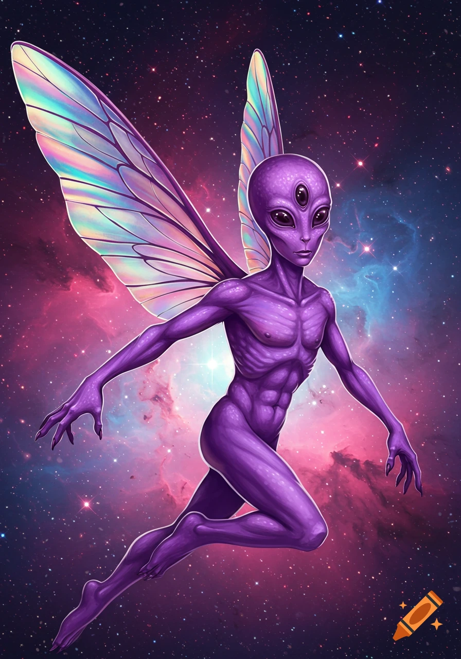A purple alien with iridescent wings and three eyes flies through space
