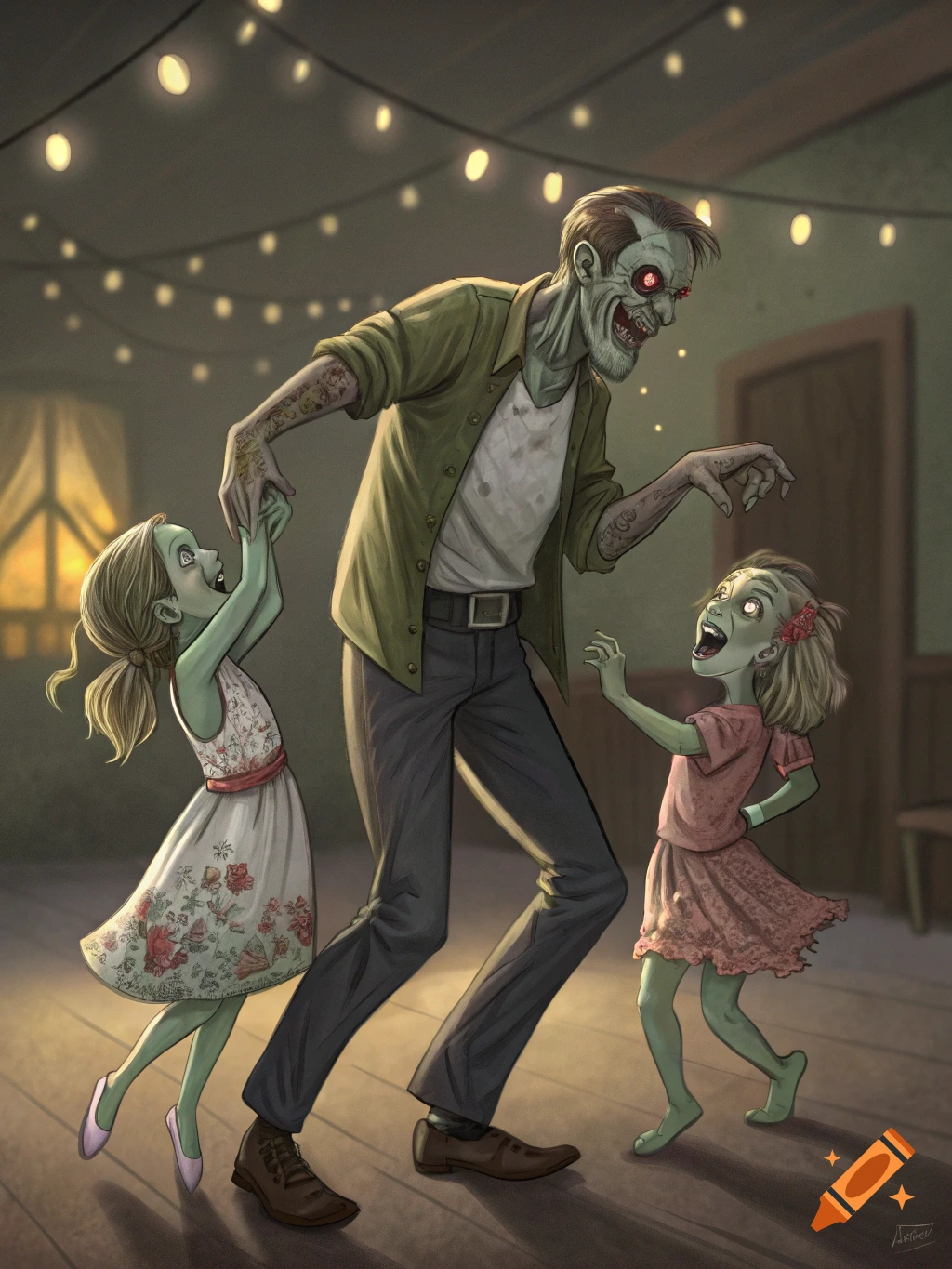 A zombie father dances happily with his two zombie daughters in a dimly lit room with string lights.