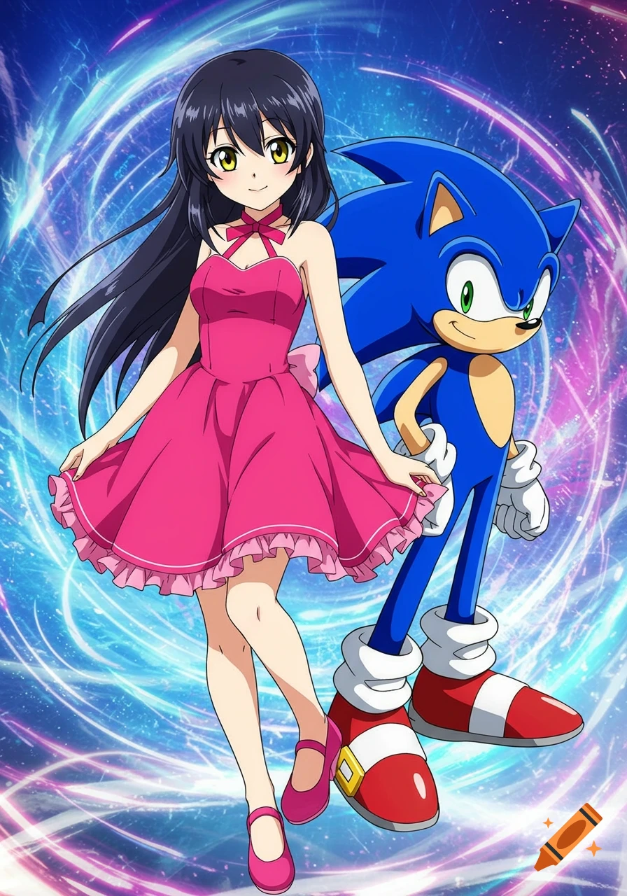 Anime girl in pink dress standing with Sonic the Hedgehog against a swirling blue background.