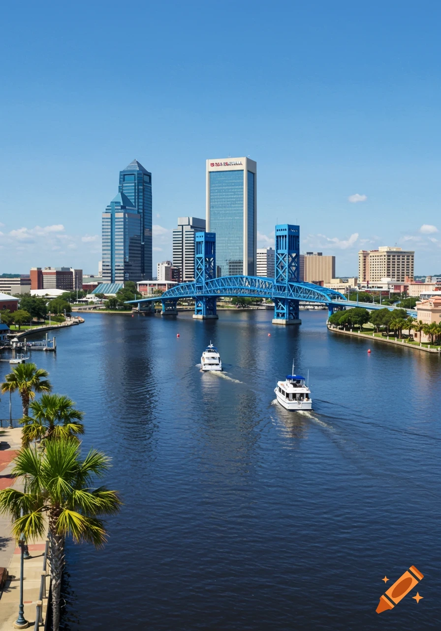 City skyline across a river with a blue bridge and boats