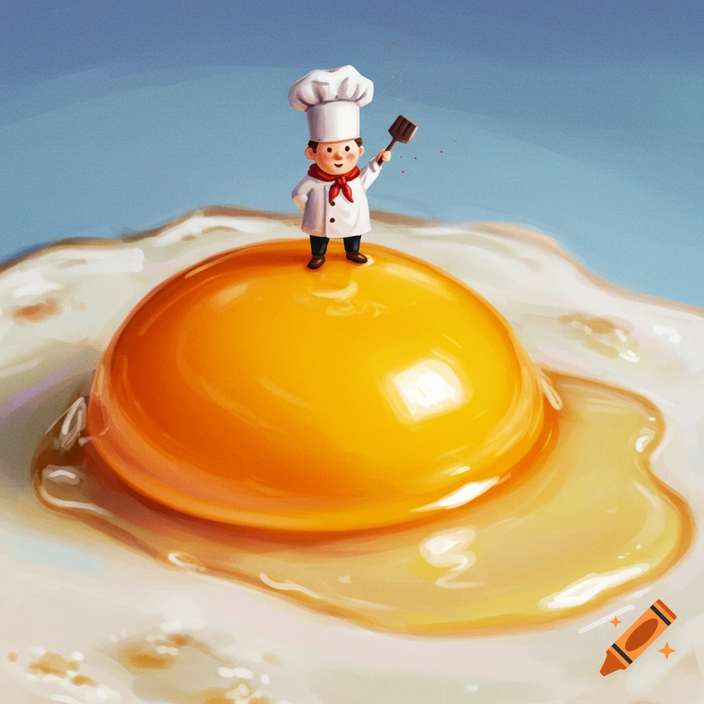 A tiny chef stands on a giant fried egg yolk.