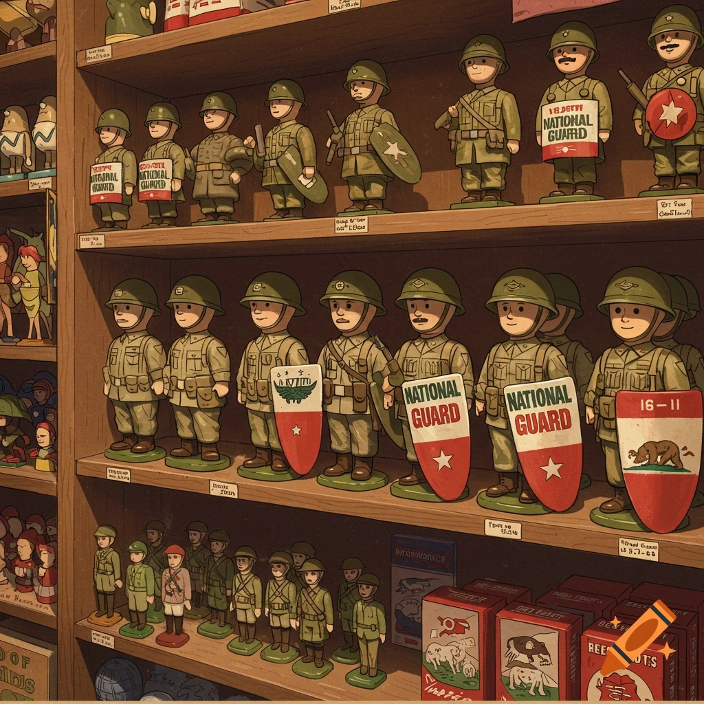 Illustration of shelves filled with toy soldiers in a shop.