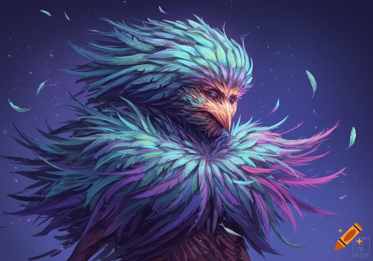 Fantasy bird creature with vibrant teal and purple feathers.